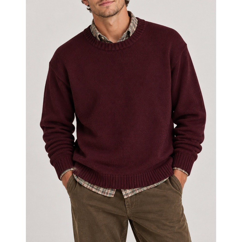 WoolOvers Mens Large 100% Wool Crewneck Sweater Burgundy Chunky Knit Vtg G1MT